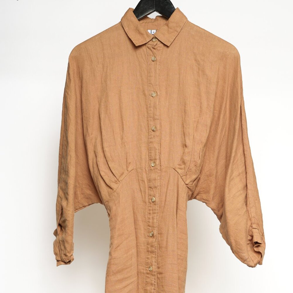 Chic Midi Linen Dress- Carmel